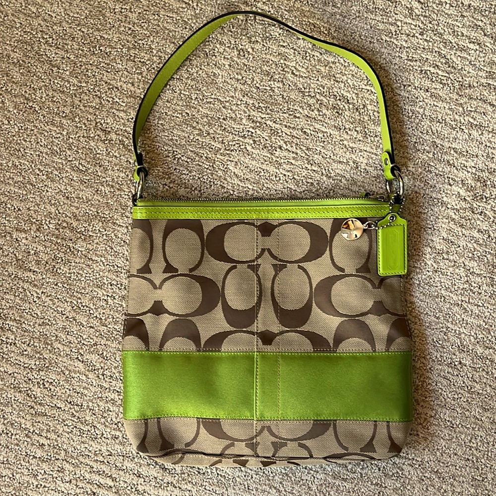 Coach• Signature Green & Brown canvas & leather hobo bag.